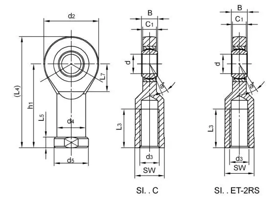 Diagram of Metric Rod Ends SI..C SI..ET-2RS